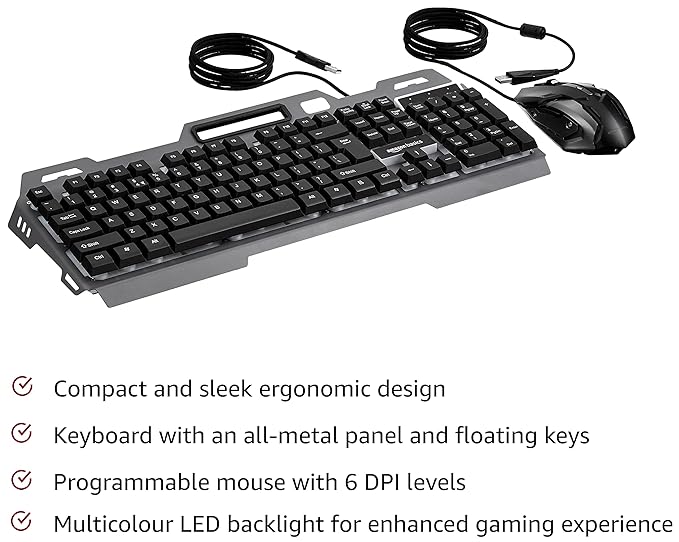 (Open Box) Amazon Basics Wired Gaming Keyboard and Mouse Combo | Multicolor RGB LED Backlight Effects, Multimedia Keys, Durable Aluminum Body