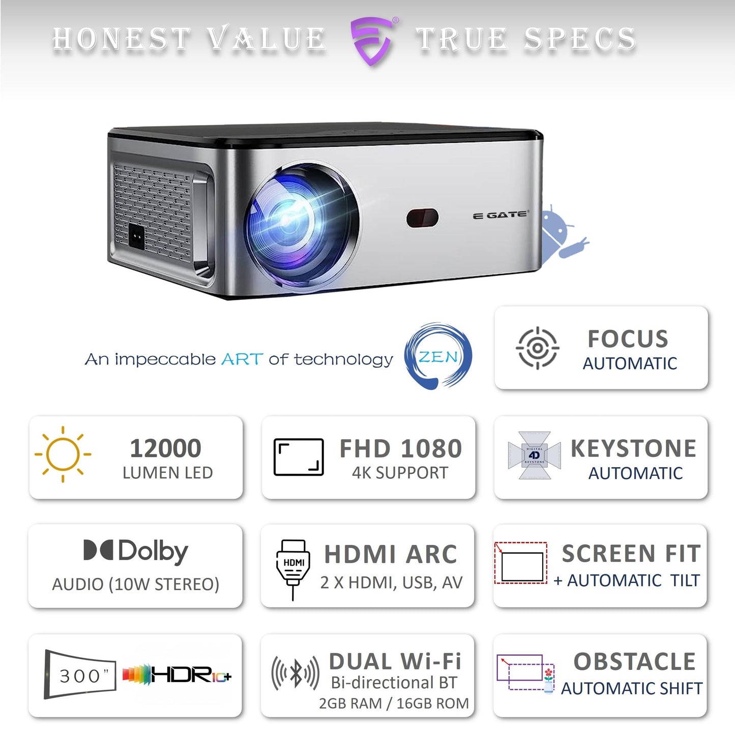 (Open Box) Egate K9 Pro-Max Android FHD 1080p LED Projector,