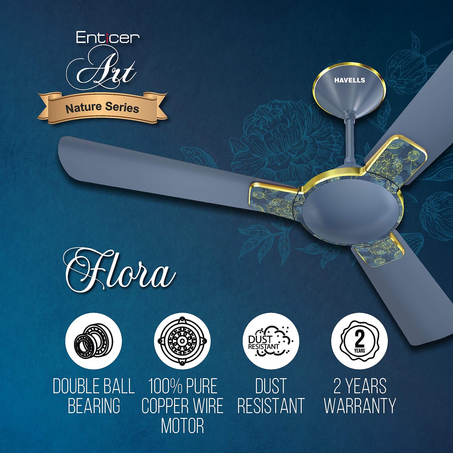 Havells Enticer Art Collector Edition 1200mm Decorative, Dust Resistant, High Power in Low Voltage (HPLV), High Speed Ceiling Fan (Rose Gold)