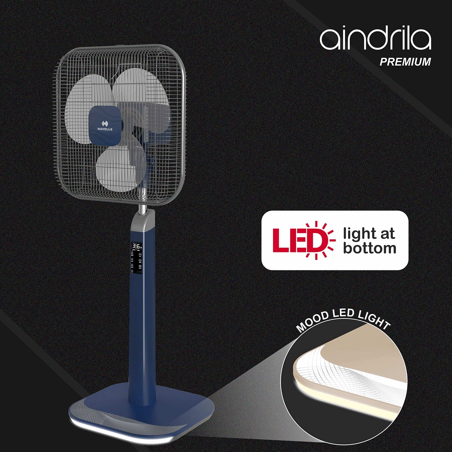 Havells 400mm LED Pedestal Fan with Remote | Square Wire Guard | Color Changeable LED Base | Breeze & Sleep Mode | Superior Low Voltage Performance | 2 Year Warranty | Brown & Black | Aindrila