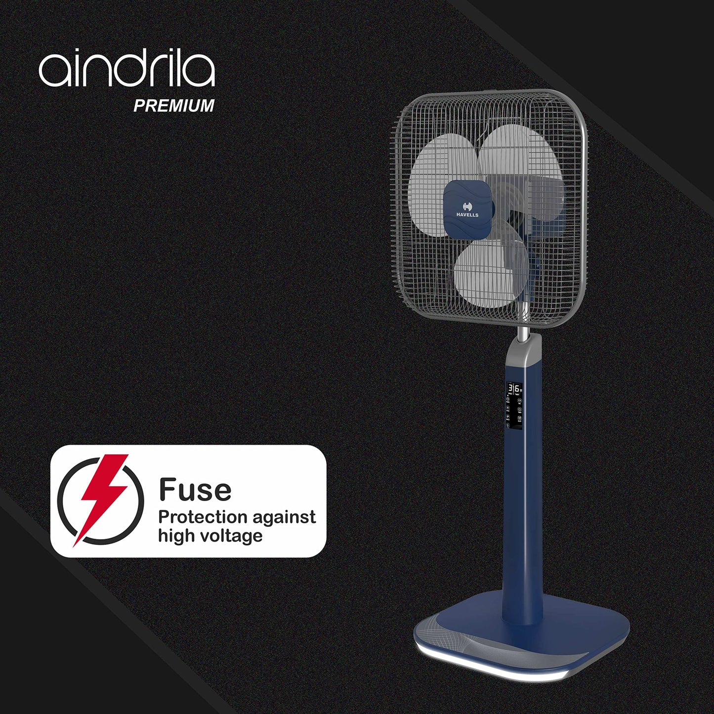 Havells 400mm LED Pedestal Fan with Remote | Square Wire Guard | Color Changeable LED Base | Breeze & Sleep Mode | Superior Low Voltage Performance | 2 Year Warranty | Brown & Black | Aindrila
