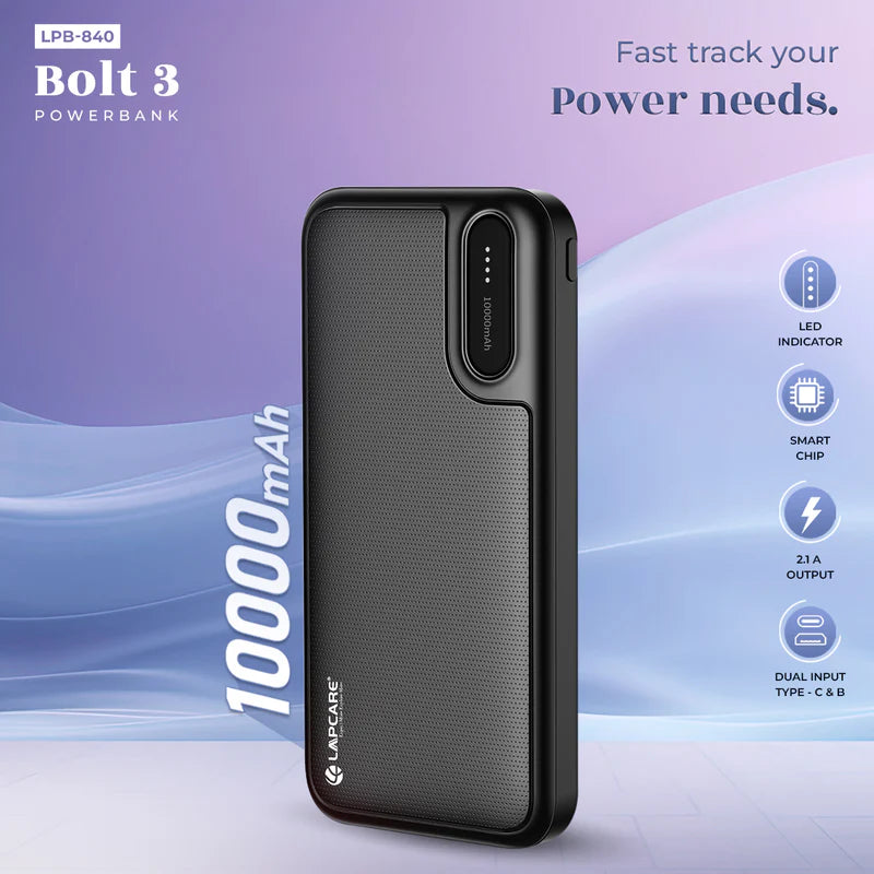 Lapcare Bolt 3 10000 mAH Power Bank With Dual USB and Type C Port (LPB-840)