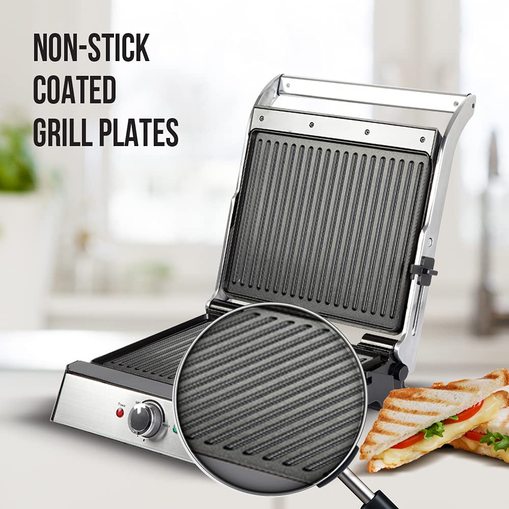 Havells Toastino 4 Slice Grill & Bbq Timer With Dual Function-Sandwich Maker & Griller | Non Stick Coated Grill Plates | 180 Degree Open Grill | Temperature Control | Stainless Steel |, 2000 Watts