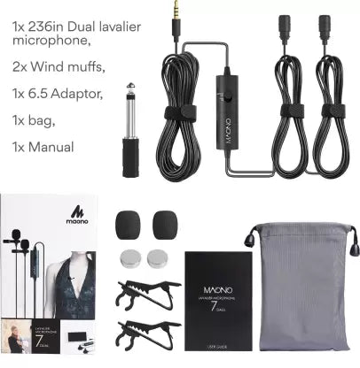 (Open Box) MAONO AU-200 Dual Collar Lavalier Microphone, Condenser Clip on Mic for Youtube Recording, Mobile phone, pc Microphone