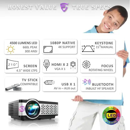 (Open Box) Egate i9 Pro-Max FHD 1080p LED Projector, (Black)