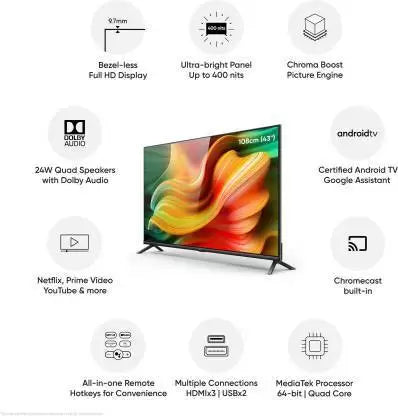(Open Box) realme 108 cm (43 inch) Full HD LED Smart Android TV  (TV 43)
