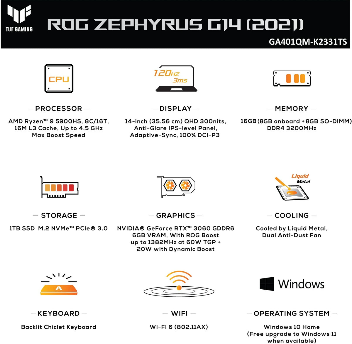 (Brand Refurbished) ASUS ROG Zephyrus G14 with 76WHr Battery AMD Ryzen 9 Octa Core 5900HS - (16 GB/1 TB SSD/Windows 10 Home/6 GB Graphics/NVIDIA GeForce RTX 3060/120 Hz/80 TGP)