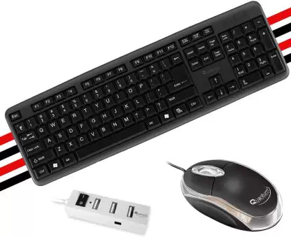 (Open Box) QHM7403 Wired Keyboard/QHM222 Wired Mouse/QHM6660 4 Port USB Hub Combo Set