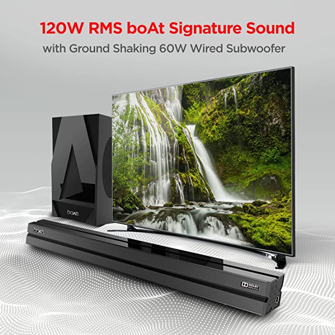 (Open Box) boAt AAVANTE Bar 1700D 120W 2.1 Channel Bluetooth Soundbar with Dolby Audio, Wired Subwoofer, Multiple Connectivity Modes, Bluetooth V5.0(Premium Black)