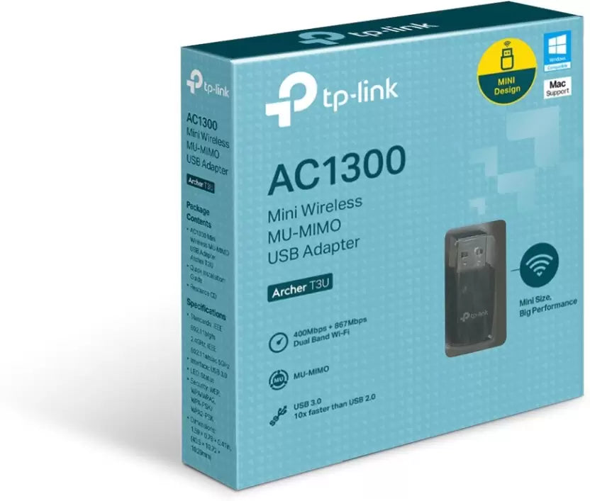 (Open Box) TP-Link Archer T3U 1300 Mbps Mini Wireless MU-MIMO USB Adapter (Black, Silver)