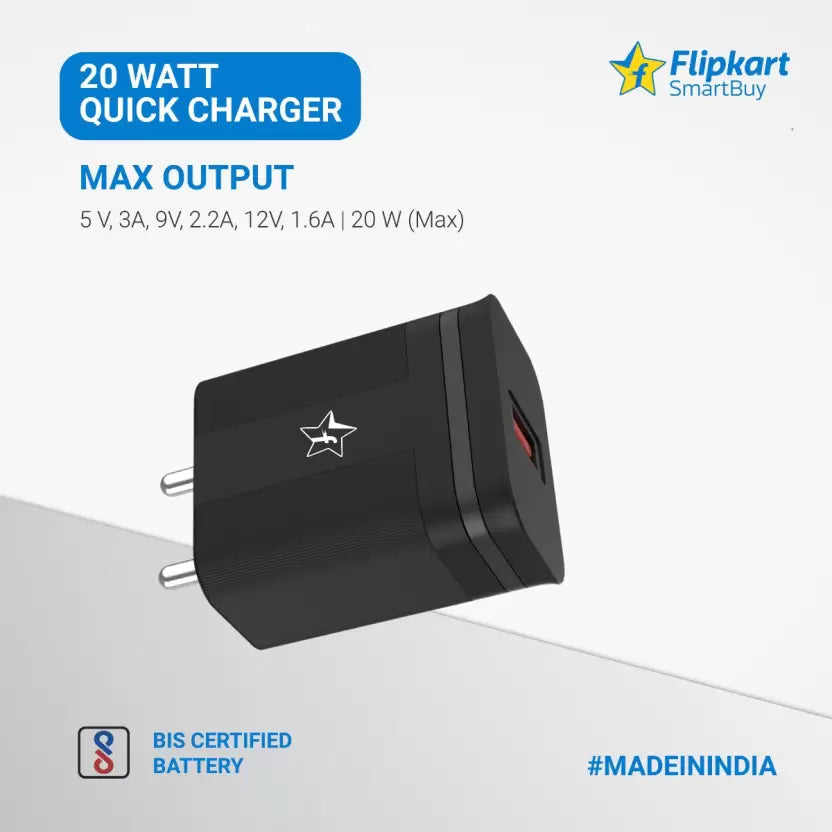 (Open Box) Flipkart SmartBuy FC20S01 20 W 3 A Mobile Charger with Detachable Cable  (Black)