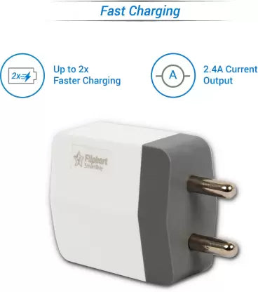 (Open Box) Flipkart SmartBuy Dual Port 12W 2.4A Fast Charger with Charge & Sync USB Cable  (White, Grey, Cable Included)