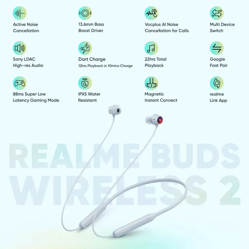 (Open Box) realme Buds Wireless 2 Active Noise Cancellation ANC Bluetooth Headset